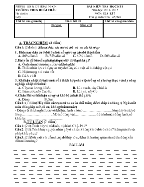Bài kiểm tra học kì I năm học 2014- 2015 môn địa lí 7 thời gian làm bài 45 phút